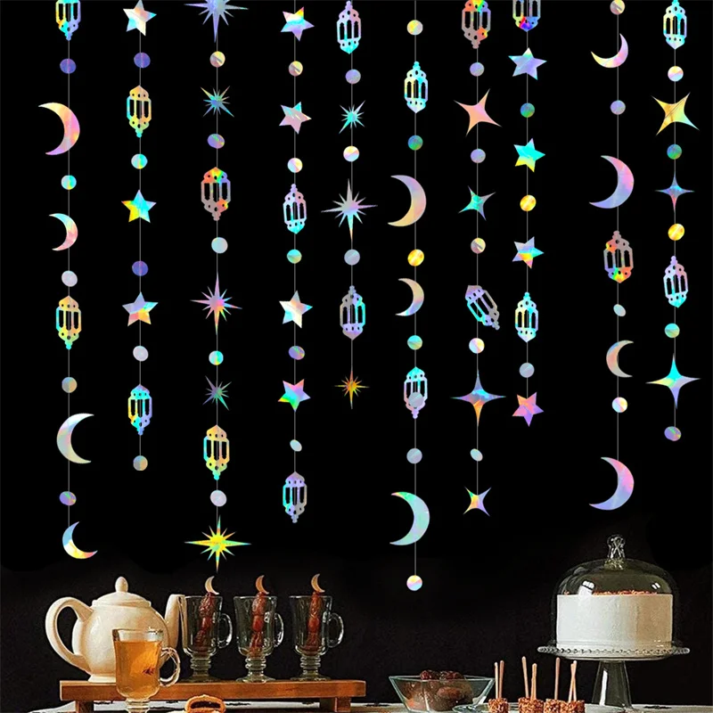 13Ft Iridescent Ramadan EID Mubarak Banner Xmas Decorations Hanging Star Moon Lamp Garlands Christmas Baby Shower Party Decor