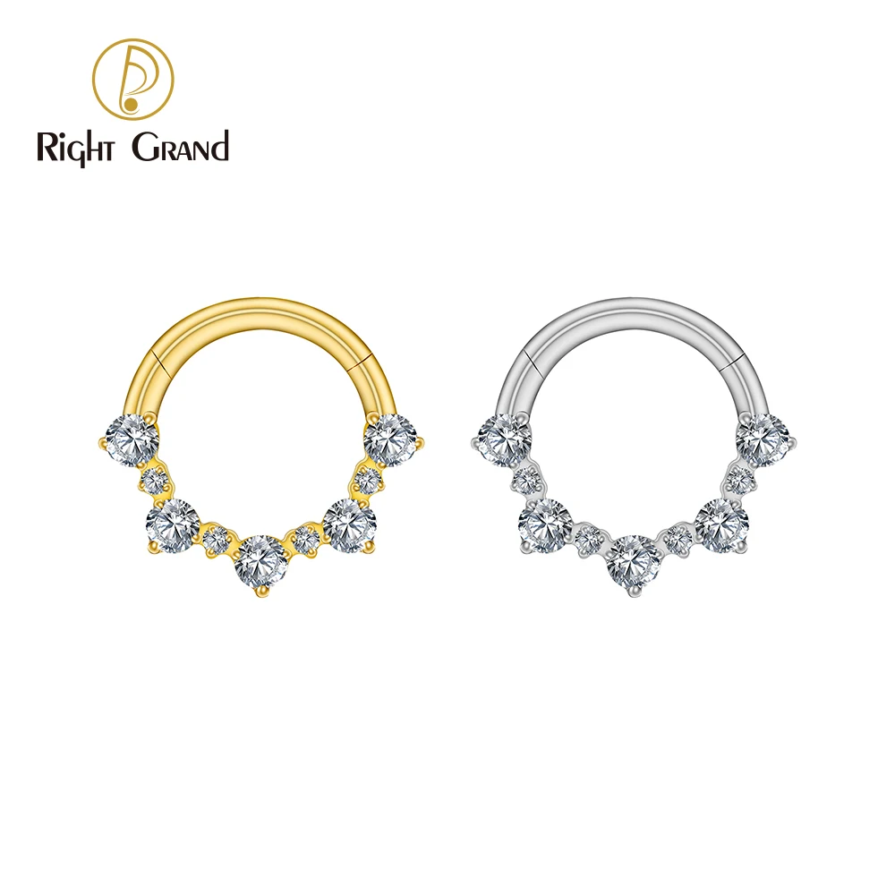 Right Grand ASTM F136 Titanio 16G Bisagra Daith Pendiente Segmento Aro 8mm/10mm CZ Septum Clicker Nariz Anillo Piercing Joyería del Cuerpo
