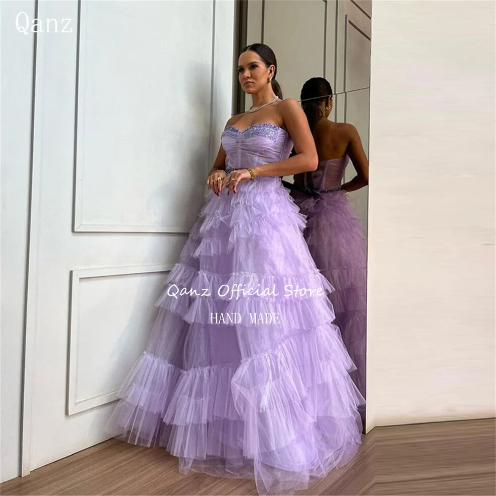 

Qanz Lavender Tulle Pageant Dresses for Women Strapless Crystal Floor Length Evening Dresses Ruched Birthday Rhinestone Dress