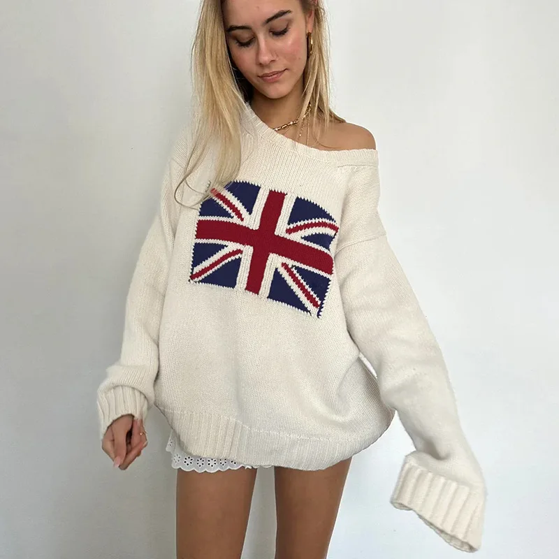 

Vintage Y2K Women's Knit Pullover | Embroidered Flag Casual Crew Neck Sweater | Spring Autumn Women's Fashion