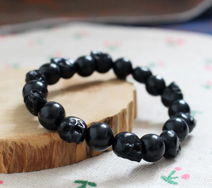 100% Russia Shungite Bracelet,10mm Round Mixed Skull Craved Gemstone Jewelry Bracelets,5G Protection