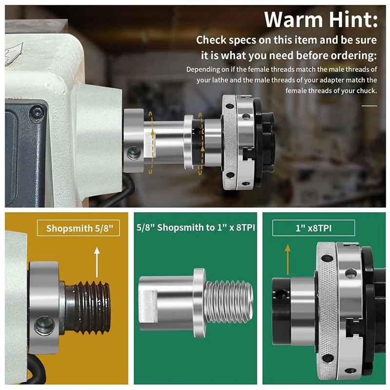 Adaptador de eixo de cabeçote de torno, converte 5/8 polegadas a 1 polegada X 8JAS