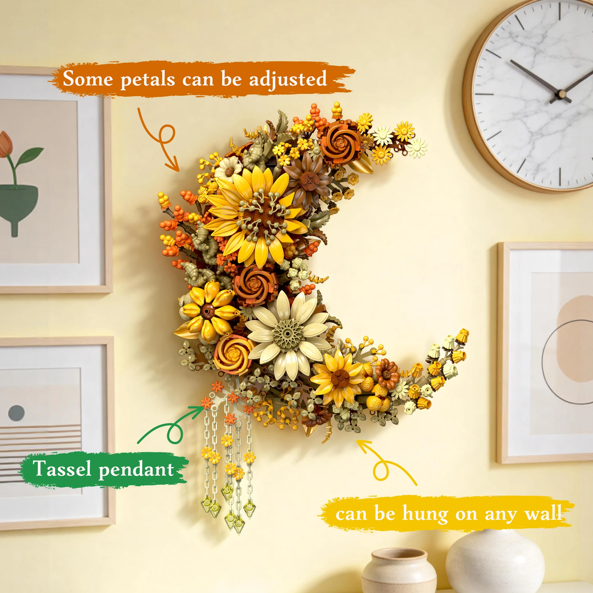Golden Moon Flower Wall Blocks DIY Floral Moon Art Model Creative Home Wall Decor Ornament Unique Gift for Home & Art Lovers view 5