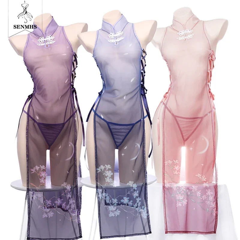 SENMHS Retro Chinese Cheongsam Uniform Women See Through Cosplay Sexy Lingerie Erotic Print Flower Purple High Fork Dress