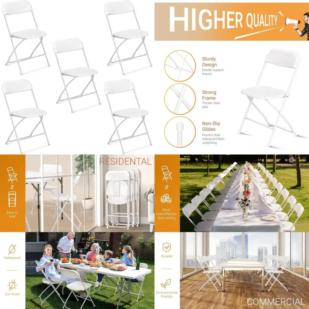 

Stackable White Plastic Folding Chairs for Indoor/Outdoor Use with Steel Frame, 350lb Capacity, Ideal for Events, Office, Weddin