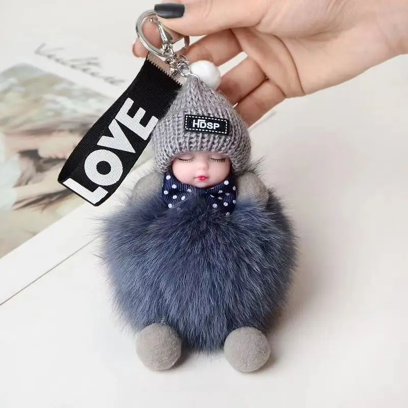 100% real fox hair sleeping doll Car keychain pendant cute action doll Ladies bag pendant cute mobile phone pendant  hair ball