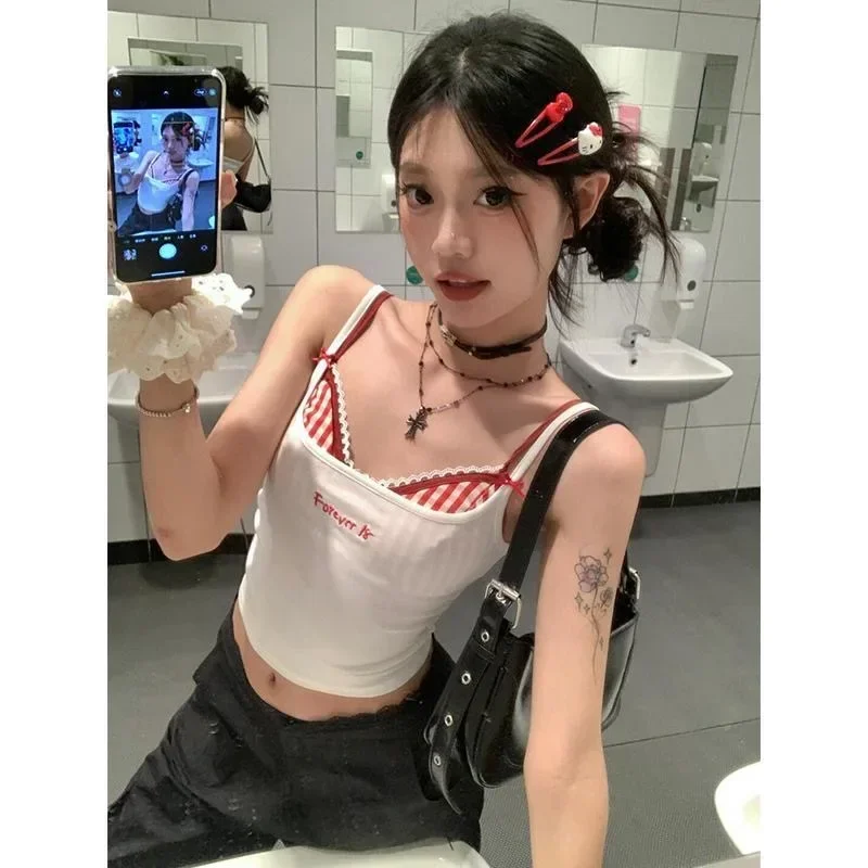 Summer Y2k Top Women Sexys Camis Crop Top with Cups Women\'s Sleeveless Bra Tank Tops 2000s Female Lace Plaid Corset Korean Style