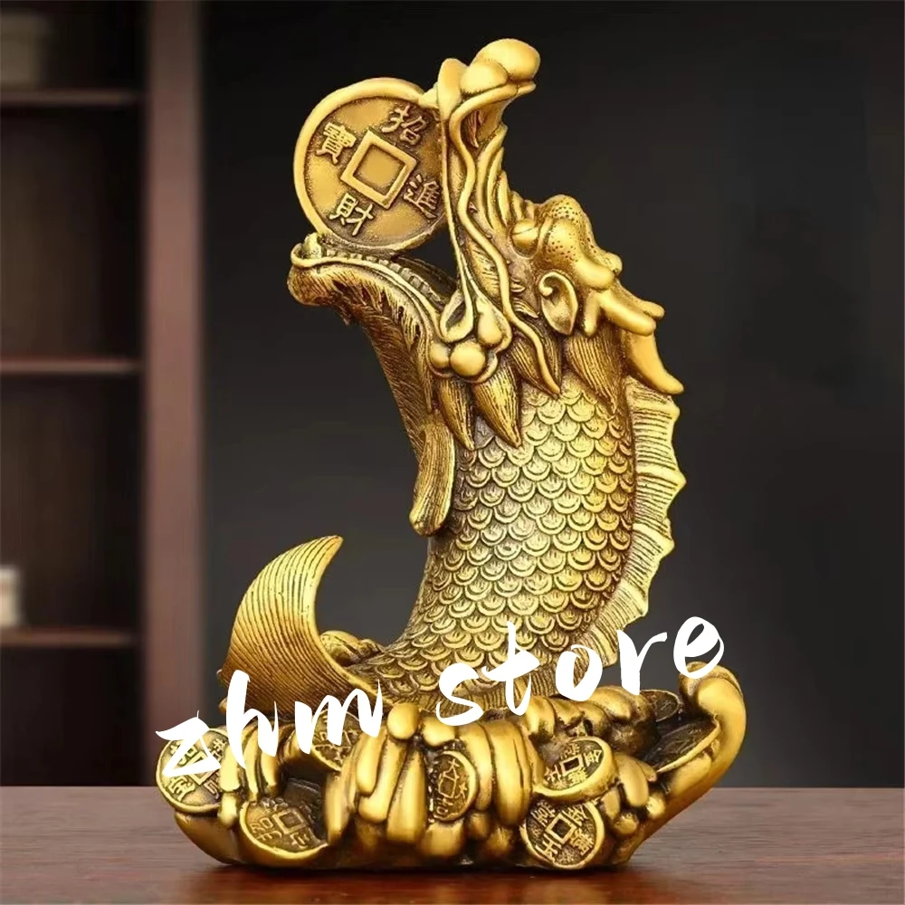 Feng Shui Brass Copper Inviting Wealth Brass Dragon Head Fish Ornament Home Desktop Decorative Craft