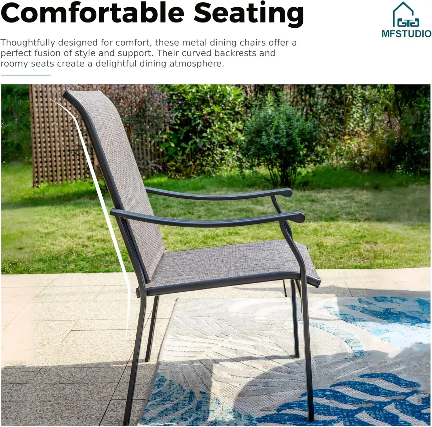 2 PCS Metal Frame Patio Sling Chairs with Backrest and Armrest, All Weather Resistant Heavy Duty Patio Chair, Grey