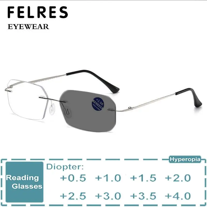 

Designer Polygon Boundless Photochromic Reading Glasses Men Titanium Alloy Rimless Presbyopic Glasses Outdoor Discolored Lens