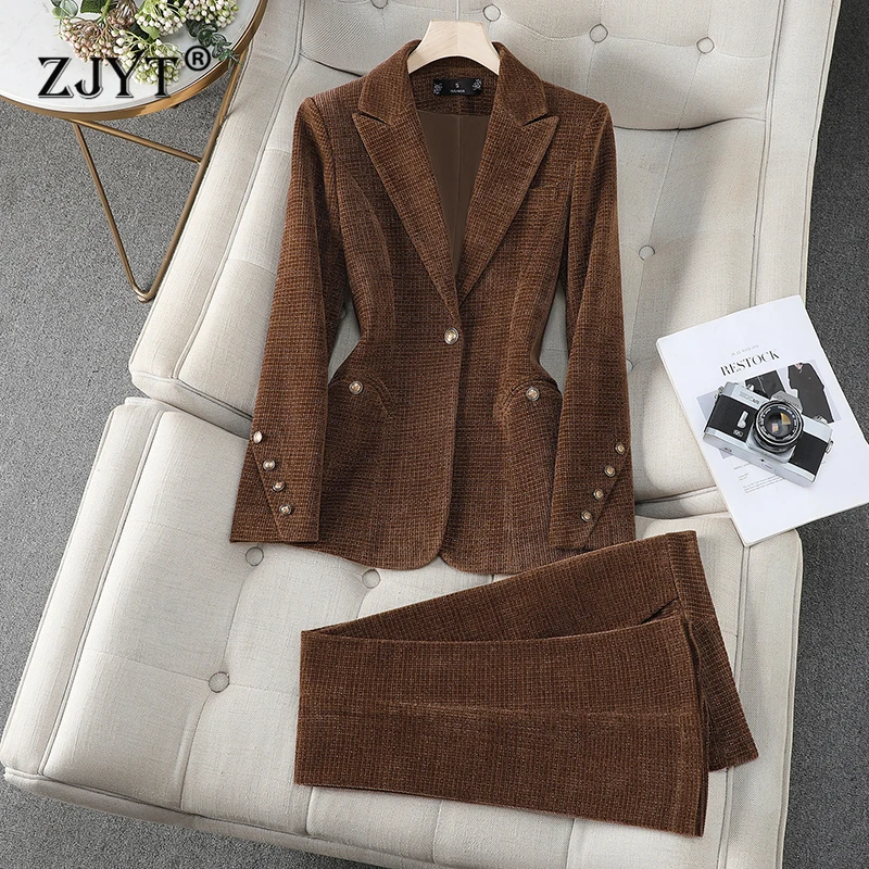 

ZJYT Elegant Office Lady Corduroy Blazer Pants Set for Woman 2 Pieces Matching Sets Autumn 2025 Vintage Jacket Trousers Suit