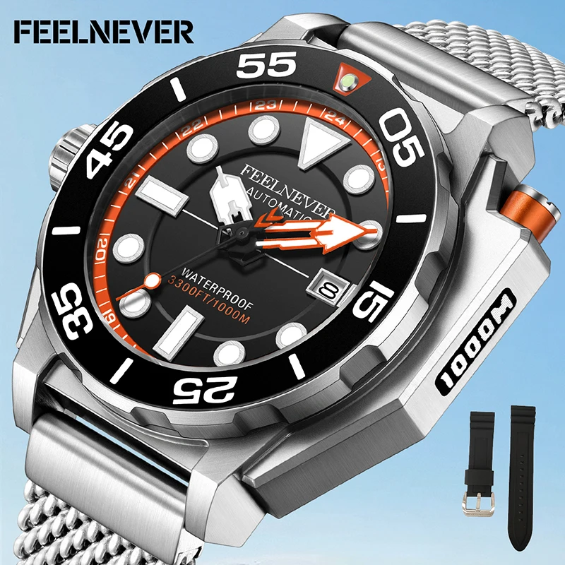 FEELNEVER men's watch luxury automatic mechanical watch luminous large dial 1000M waterproof watches for men reloj hombre+BOX