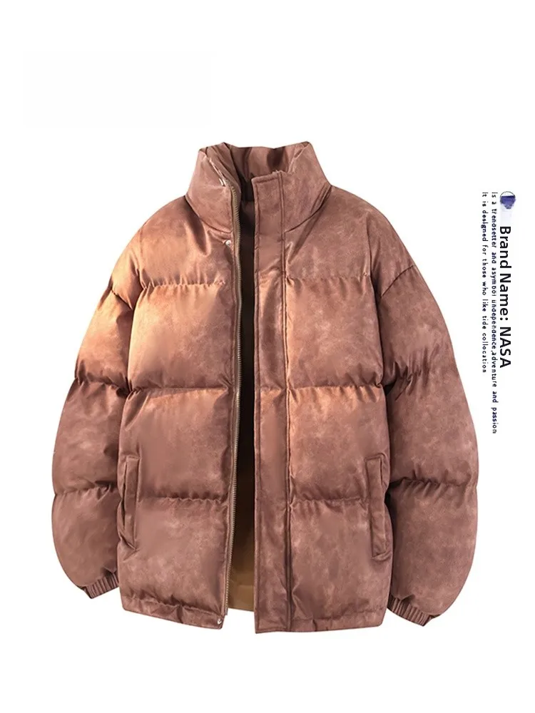 Męska kurtka zimowa w stylu retro tie-dye, wykonana ze skóry, bawełny i poliestru, ocieplana, ciepła, w stylu chlebaka, modna, zapinana na zamek.