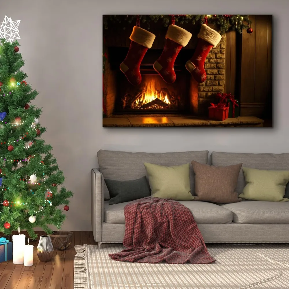 Décorations d'art mural en toile de chaussettes de Noël, affiche de cadeau de Noël, image d'hiver, impression sur toile, encadrée pour le salon