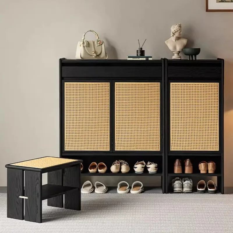 

Fujino shoe cabinet Solid wood entry porch cabinet Home door storage Rattan shoe rack with stool combination