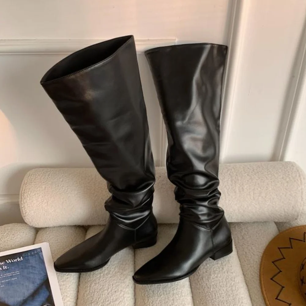 

Mette Leather Pleated Knee High Flat Slouchy Boots Sexy Square Toe Solid Slip On New Arrivals Fashion Women Modern Boots