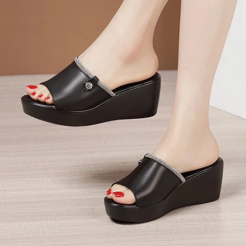 BEYARNEOpen Toe Rhinestone Platform Slippers Leather Summer Shoes Elegant High Heels Wedges Slides Women Office Big Size