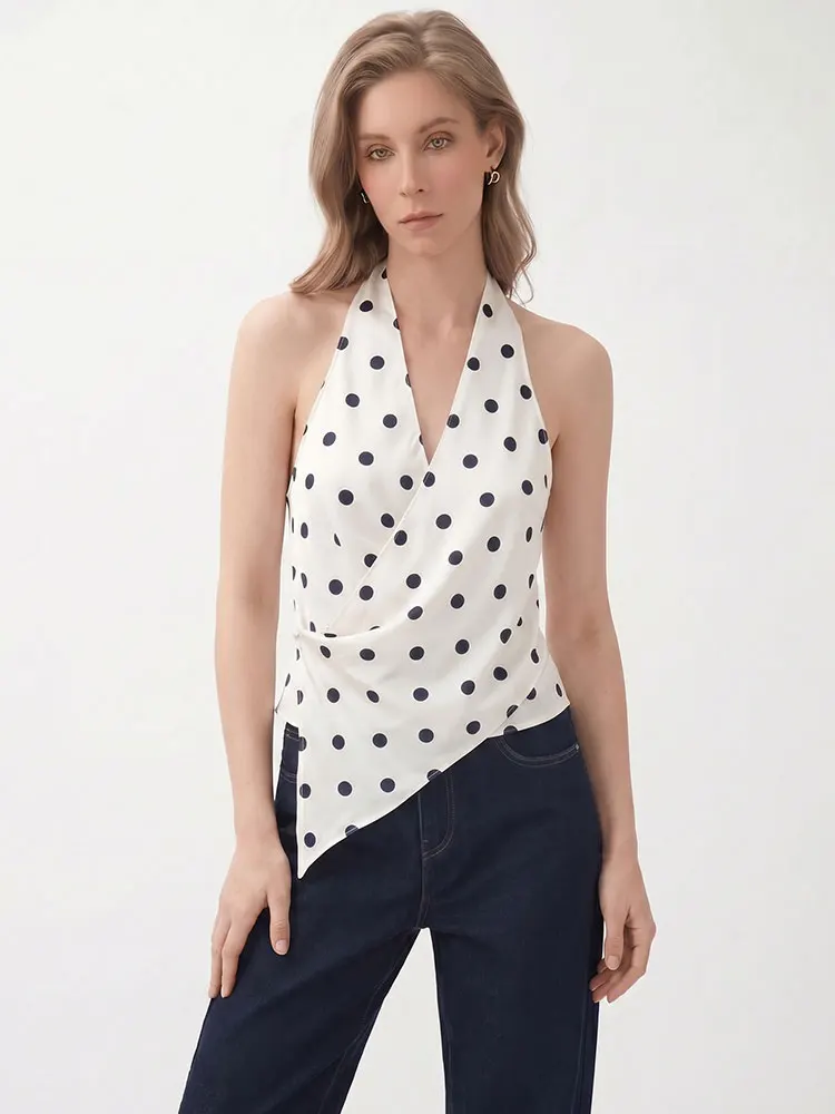 HH Minimalistisches Damen-Top ohne Rücken und Ärmel mit V-Ausschnitt, Lässige Bürokleidung, Sexy Party- und Urlaubstrikot mit Polka Dots
