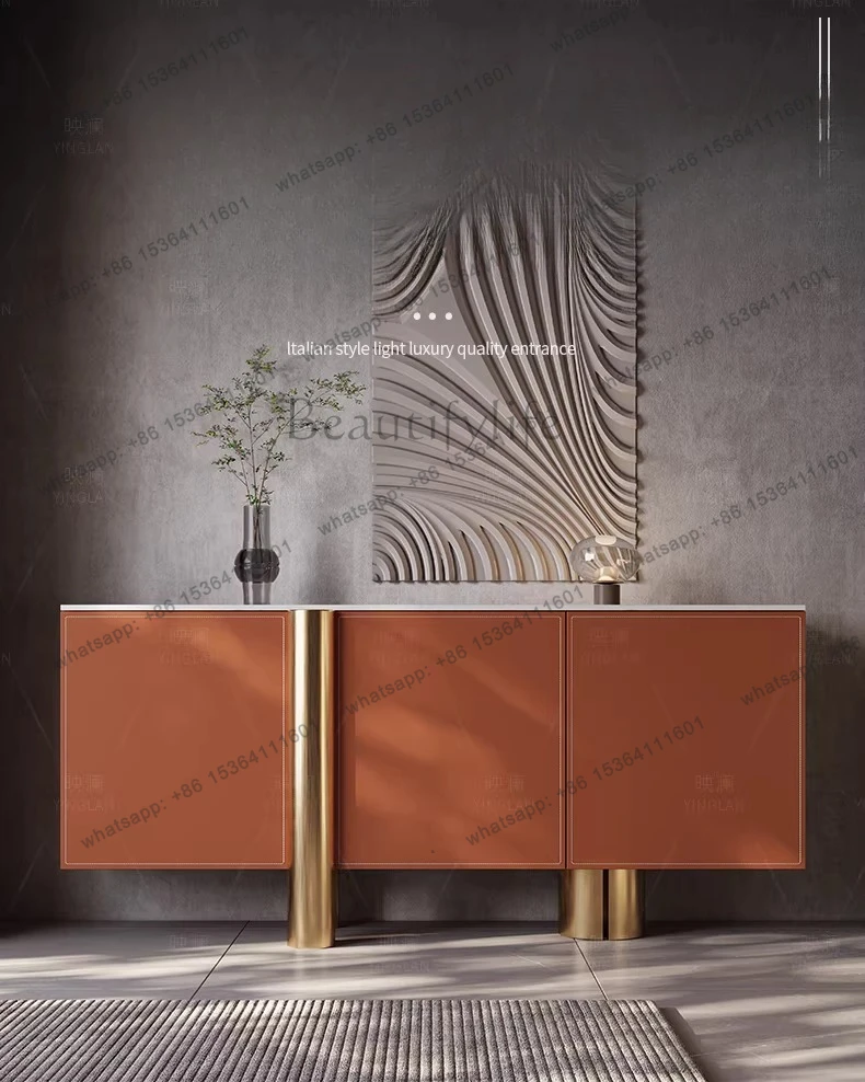 The dining room sideboard is integrated against the wall, modern and simple and luxurious