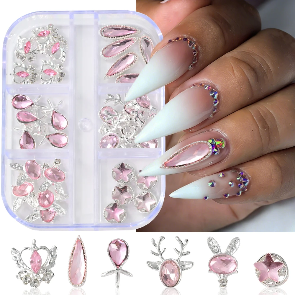 30Pcs 3D Pure Pink Waterdrop Star Diamond Nail Rhinestones Glitter Silver Heart Elk Rabbit Nail Charms DIY Manicure Accessories.