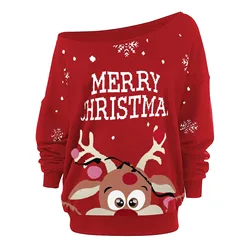 Ugly New Year O Neck Pullover Xmas Reindeer Sweater Female Blouse Christmas Print Sweatshirts Women Solid Long Sleeve Tee Tops