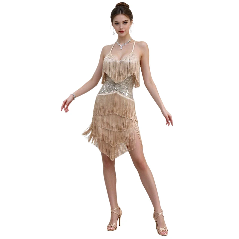 Damen-Latin-Tanzkleid, Neckholder, V-Ausschnitt, Pailletten, mehrlagige Quasten, Performance-Kostüm, Bühnenshow, Samba, Tango, Tanzparty-Kleid – Detail 5