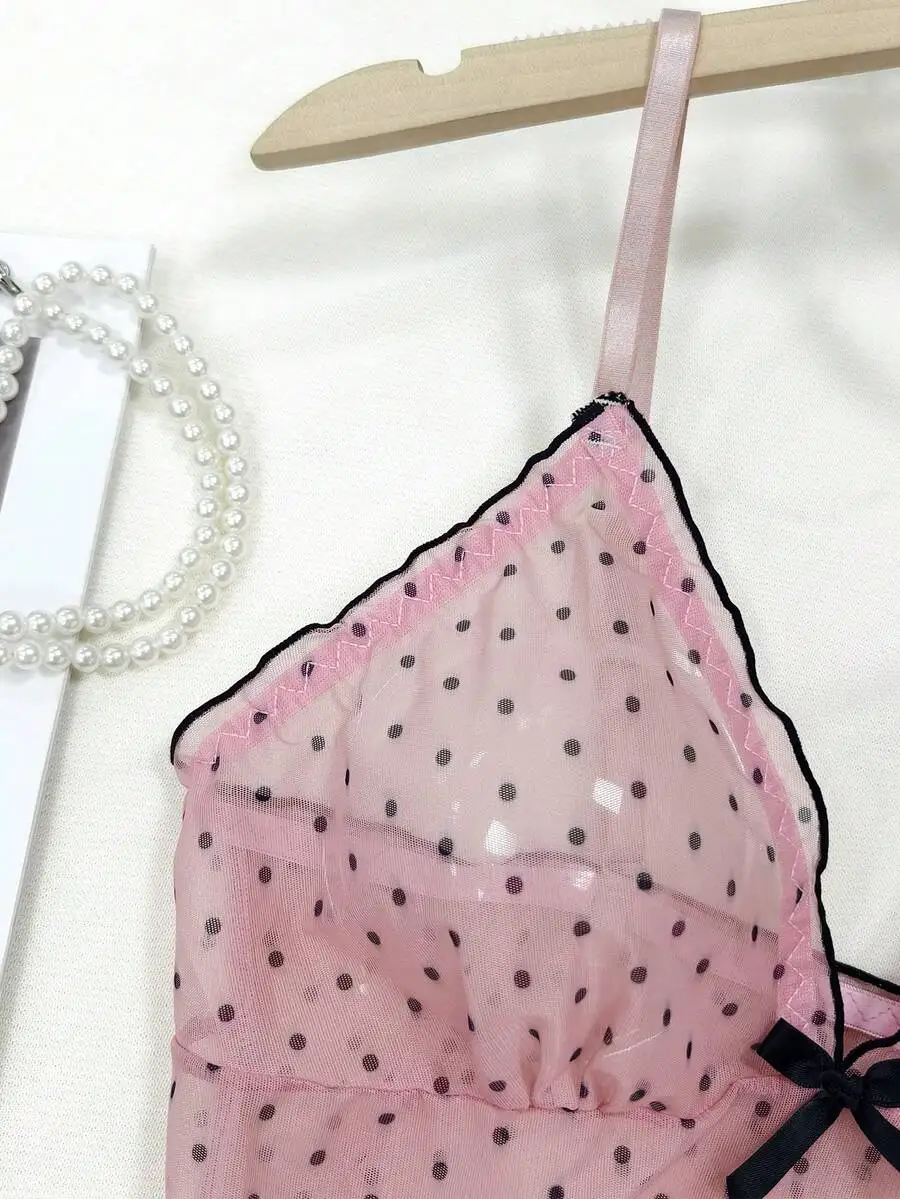 

Women Polka Dot Mesh Sheer Babydoll Chemise Lingerie Sleepwear With Thong