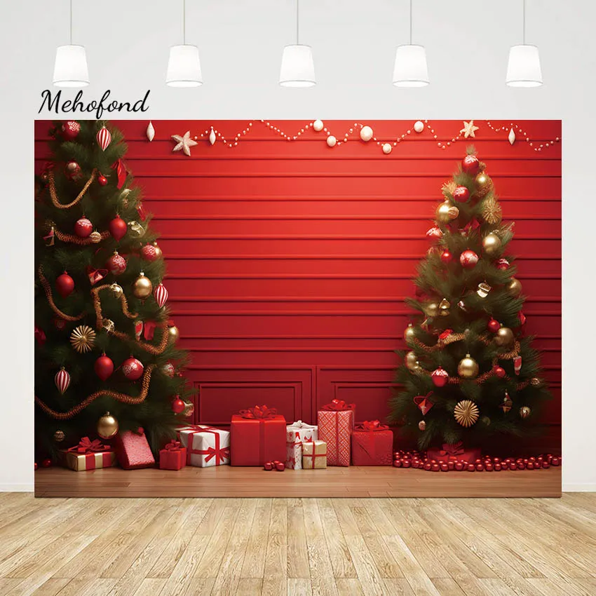 Mehofond Christmas Red Wall Background Kids Birthday Portrait Party Xmas Tree Gift Box Decoration Photography Backdrop Studio