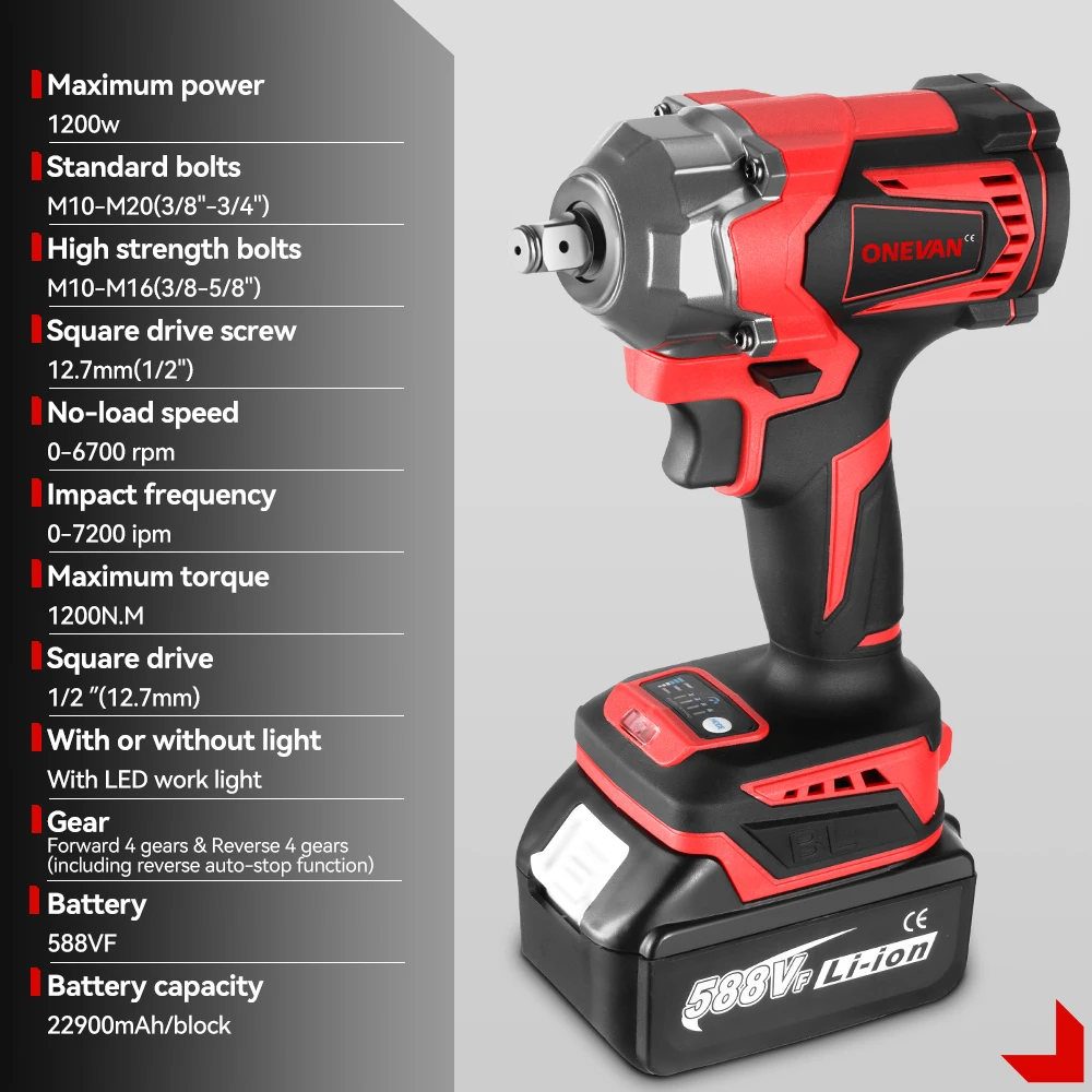 ONEVAN 1200 N.M Powerful Torque Brushless Electric Impact Wrench 1/2 In Lithium-Ion Battery Screwdriver For Makita 18V Battery