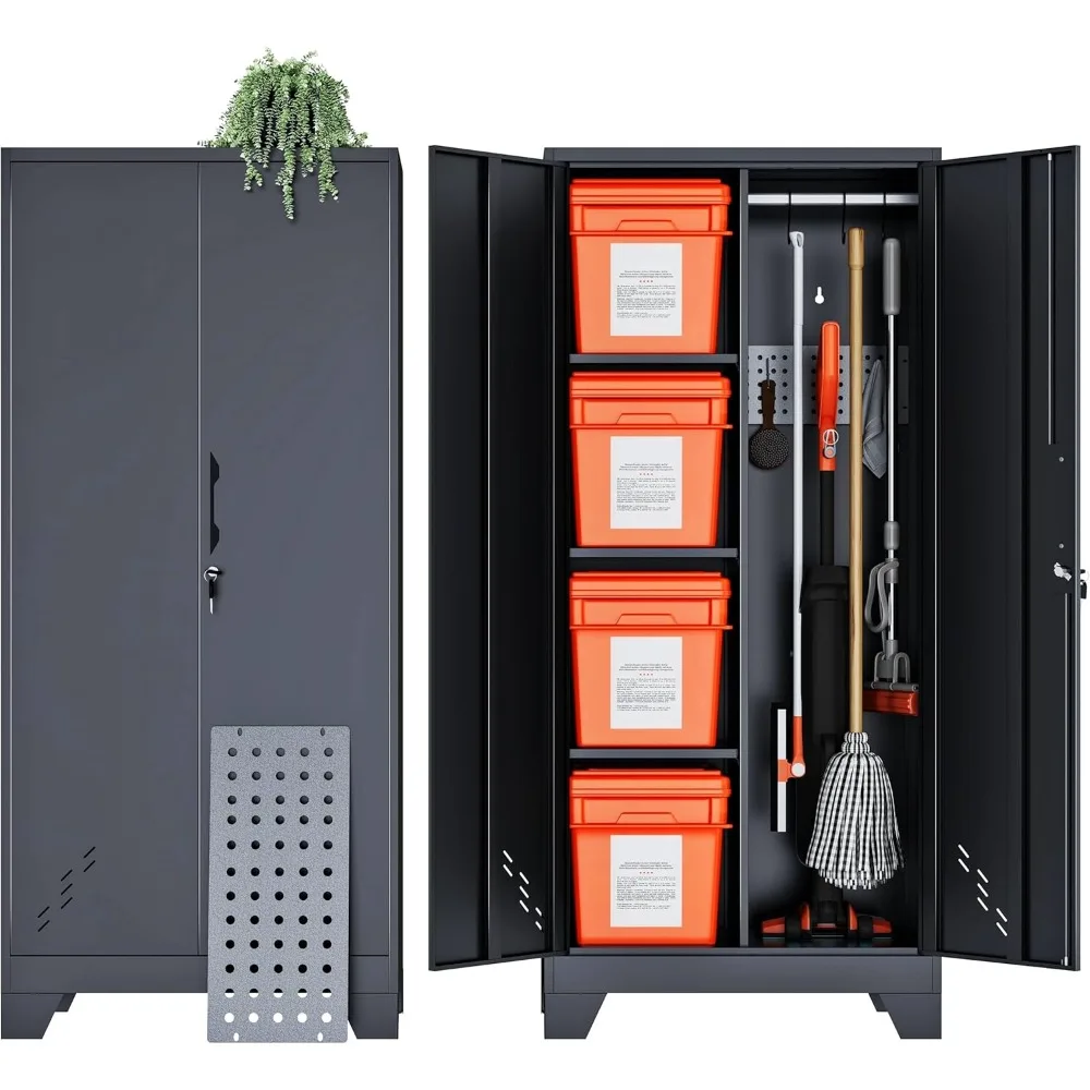 

Metal Storage Cabinet 61" H, Storage Shed with Shelves for Brooms and mops, Cleaning Supplies Closet with Removable Pegboard for