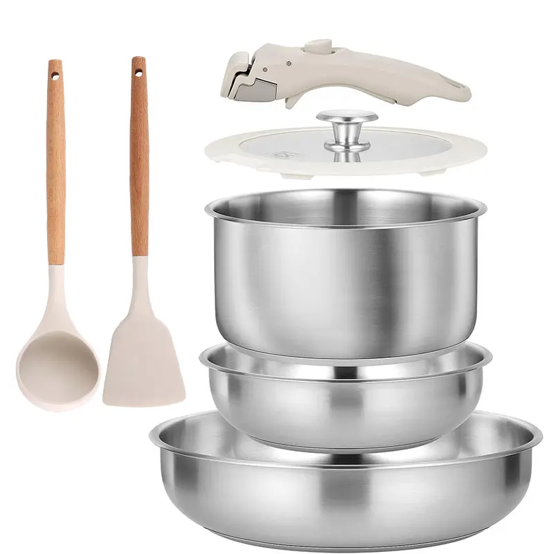 Juego de ollas y sartenes de acero inoxidable de 7 piezas Juego de ollas y sartenes de acero inoxidable 18/10 con mango desmontable compatible con todas las cocinas