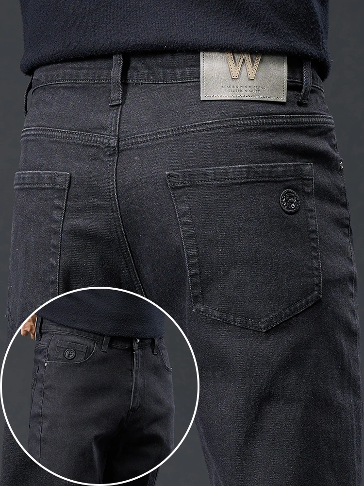 خريف 2025 جديد مستقيم جينز سترتش الرجال تطريز أنيق جيب سميكة سراويل مريحة الأعمال عادية سراويل جينز