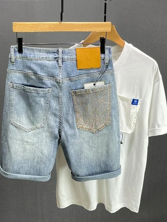 

Мужские винтажные потертые джинсовые орты с принтом, повседневные брюки «пять четвертей», облегающие универсальные модные брюки до середины икры