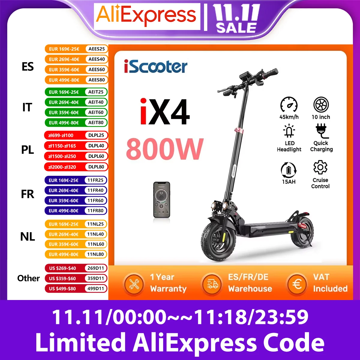 iScooter iX4 Electric Scooter 800W Smart EScooter 48V15AH LCD Display 10 Inch Off-road Tire Foldable Adult Electric Skateboard