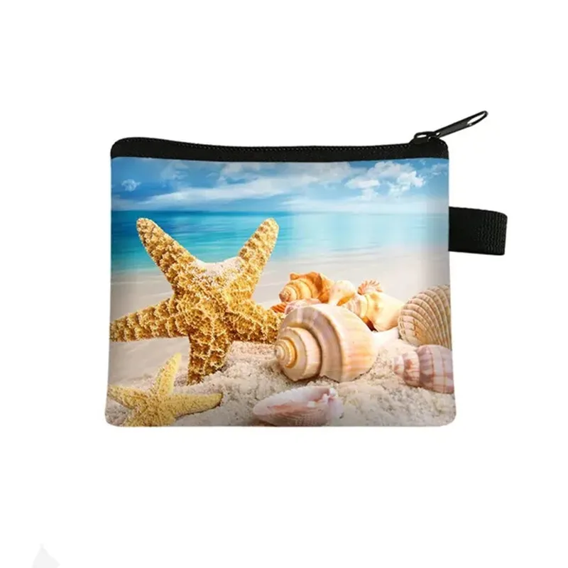 Ocean Beach Coin Purse Ladies Leisure Shopping Coin Bag Starfish Conch 3D Printing Wallet ID Credit Card Bag Girl Coin Case Bag