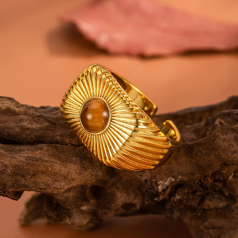 Personalized Geometric Open-ended Neutral Ring - Hip-hop Style Trendy Model 18K Gold Plated - Set with Yellow Tiger-eye Zirconia