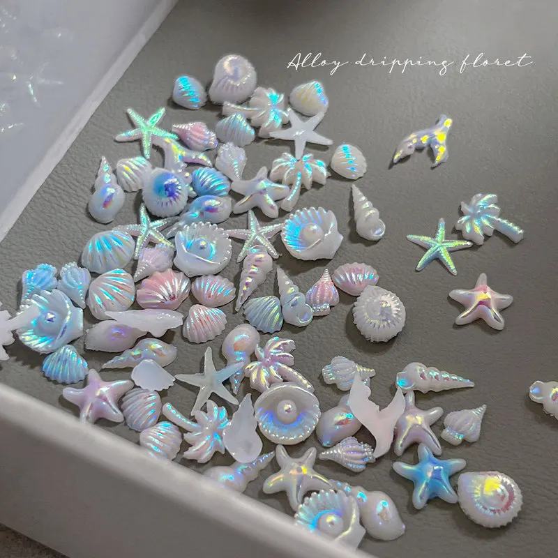 12 Grid Ocean Series Nail Charms Aurora Pearl Starfish Shell Conch Coconut Tree Star Nail Art Decorations For Manicure