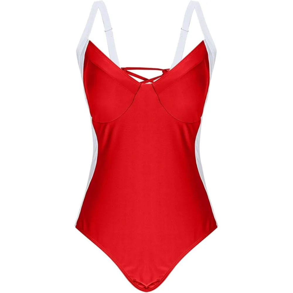 

Fashion Patchwork Bodysuit Swimsuit Hollow Slim Fit Bathing Swimwear Beachwear Clothing V-neck Jumpsuit Bikini Beach