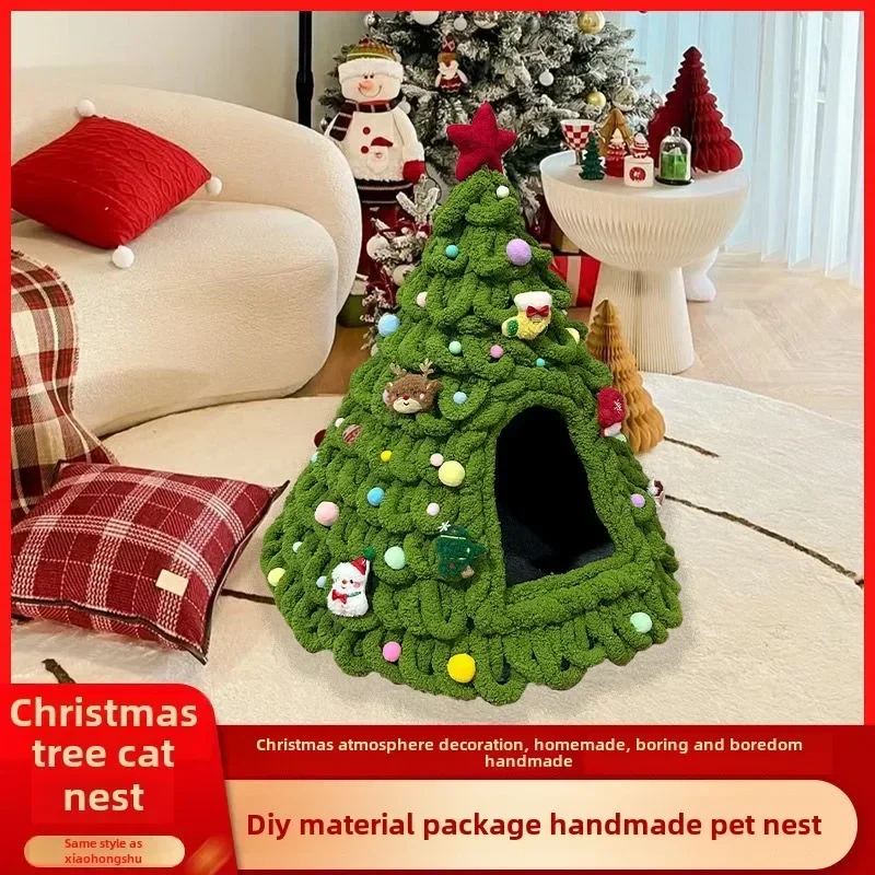 

Christmas Tree Weaving Cat Nest Handmade DIY Material Package Knitting Wool Warm Closed Safety Kitten Bed Pet Dog Tent Houses