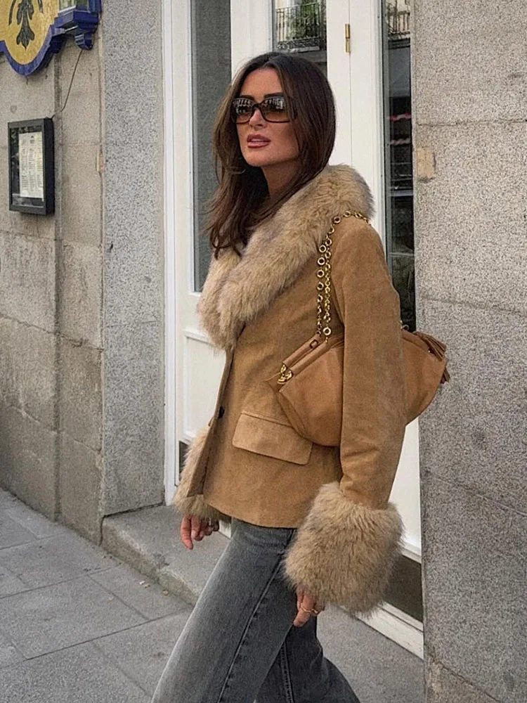 HH النساء انفصال الفراء طوق دعوى معاطف شيك سترة التلبيب طويلة الأكمام جيوب تزيين واحدة الصدر الإناث الموضة الحلل