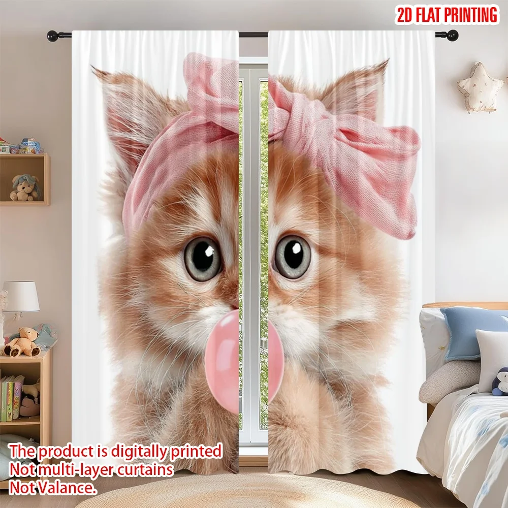 

2D flat printing 2pcs Curtain Party Window Curtains Cute Kitten with Balloon Digital Printed Polyester Drapes Seasonal Party &
