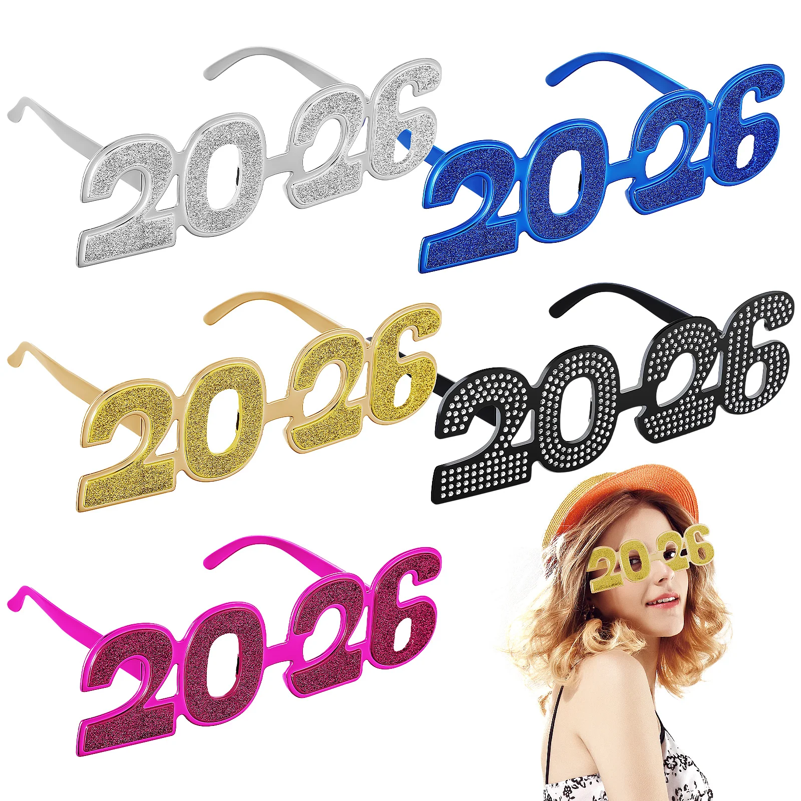 

5 Pcs 2026 Number Glitter Eyeglasses New Year Photo Props Glitter 2026 Glasses Pc Sunglasses Graduation Party Cosplay Props