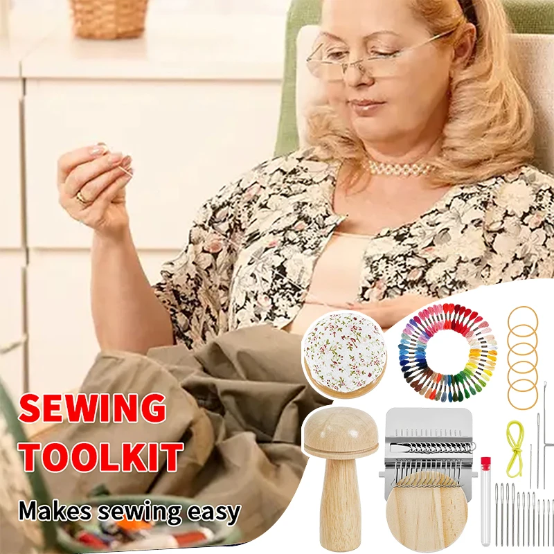 Mini Darning Loom Kit with 14 Hooks Mushroom Knit Patch Small Weaving Loom 14pc Large Eye Needles 50 Colors Threads for DIYCraft