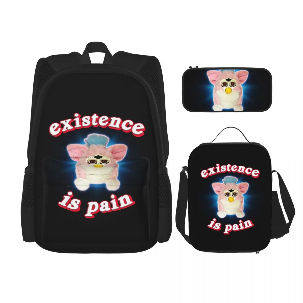 

Furby Existence Is Pain Backpacks Boys Girls Bookbag Children School Bag Cartoon Kids Rucksack Lunch Bag Pen Bag Three-Piece Set