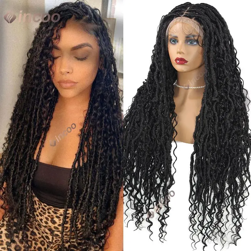 Synthetic Full Lace Front Braided Wigs Faux Boho Box Braids Wigs Square Knotless Box Braiding Wigs Butterfly Goddess Wig Curly