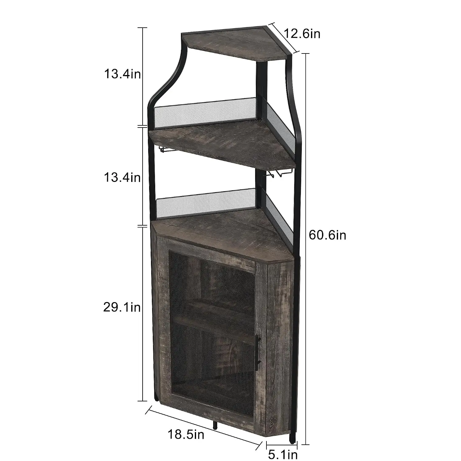 61'' Corner Bar Cabinet with Adjustable Shelves, 5-Tier Industrial Wine Cabinet with Glass Holder & Mesh Door for Liquor Storage