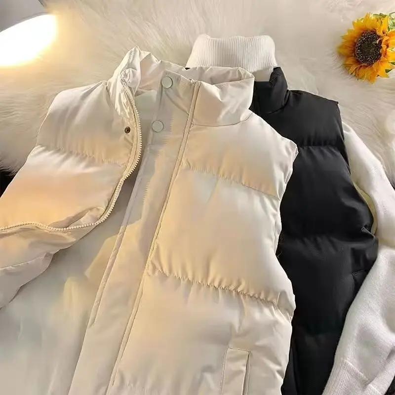 Women Parkas Vest Coats Solid Jackets Pocket Zipper Drawstring Stand Collar Sleeveless Thick Loose Fit Casual 2025 Autumn Winter