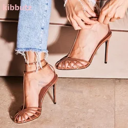 Sandalias con correa de tobillo doble, hebillas de tacón cubierto de aguja, punta redonda, cuero genuino, cristal sólido brillante, moda elegante, nuevo
