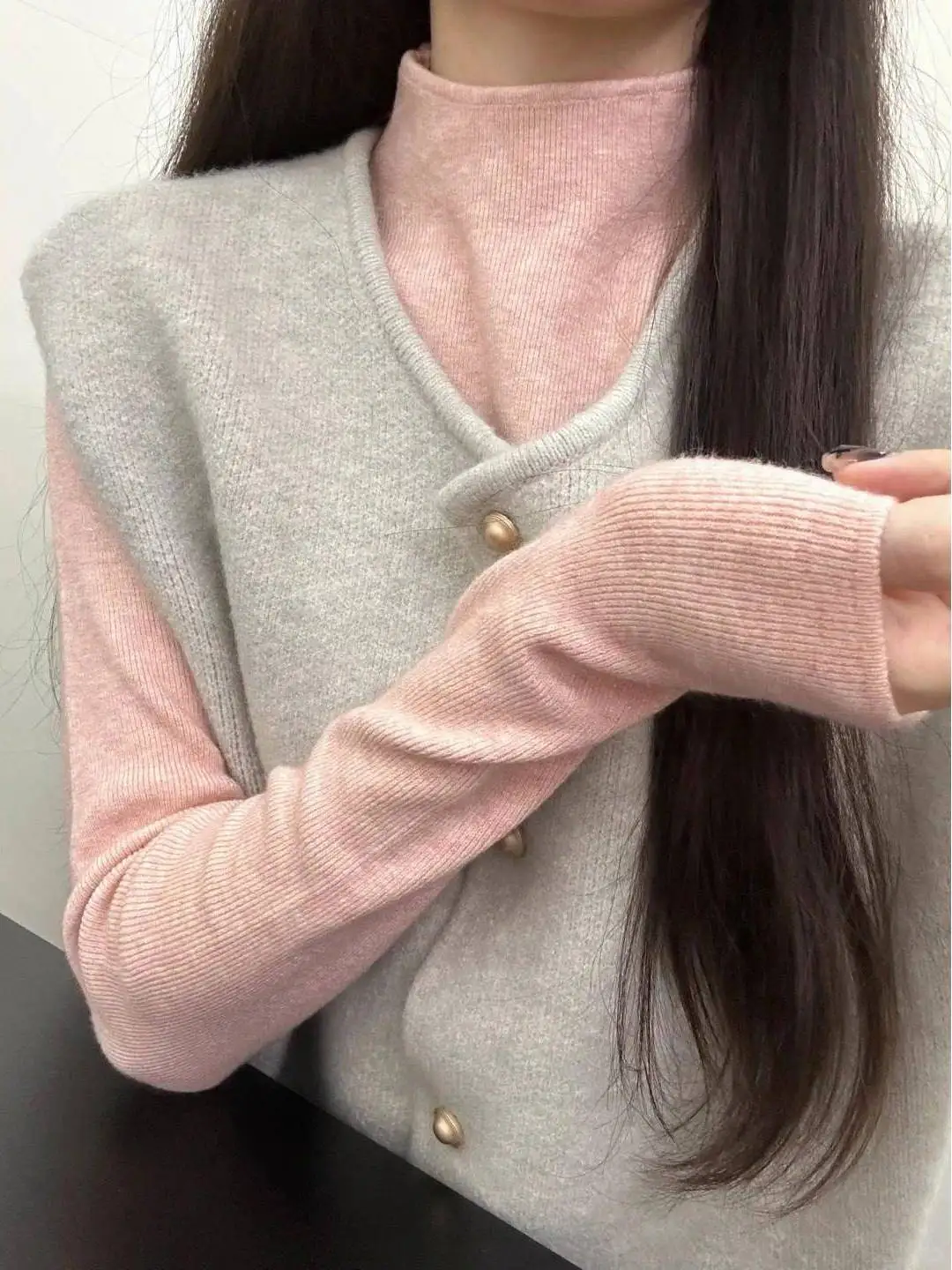 

Women's Simple Color Long Sve round Ne Vest Top Two-Piece Set Autumn Winter Faion Inner Wear Knitted Garment