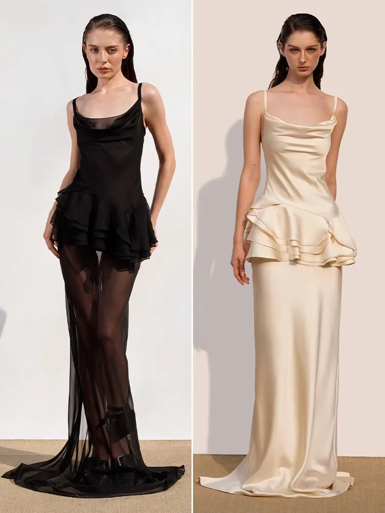 Damen-Luxus-Designer-Kleider für formelle Anlässe, Spaghettiträger, Rüschen, Geburtstagskleid für Frauen, 2022, sexy, figurbetont, solide Ballkleider